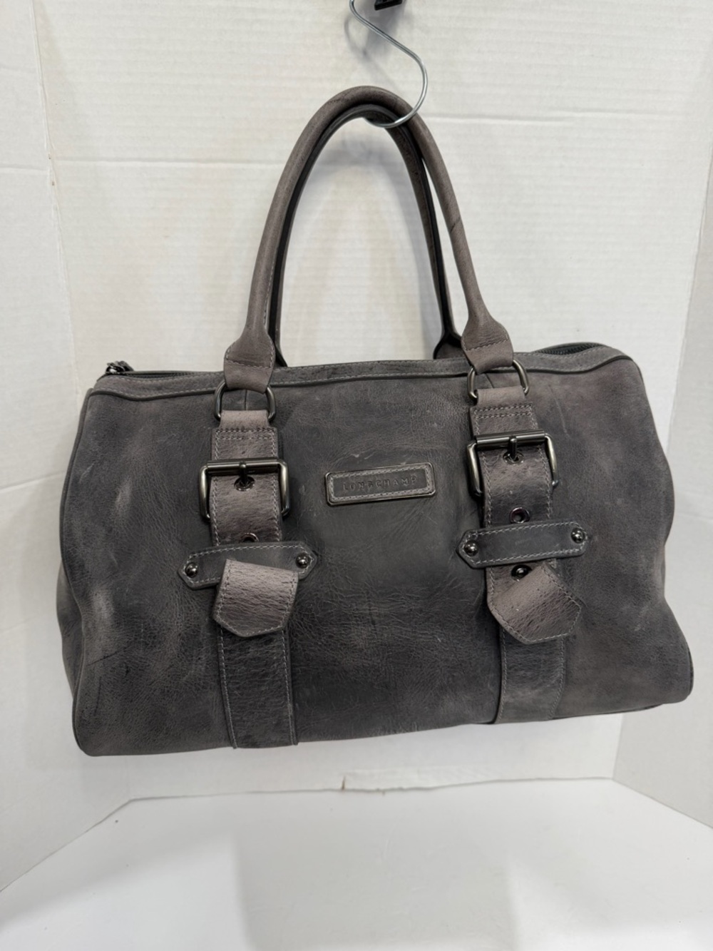 Kate Moss Longchamp Handbags Gray Pebbled Leather Zipper Top Satchel